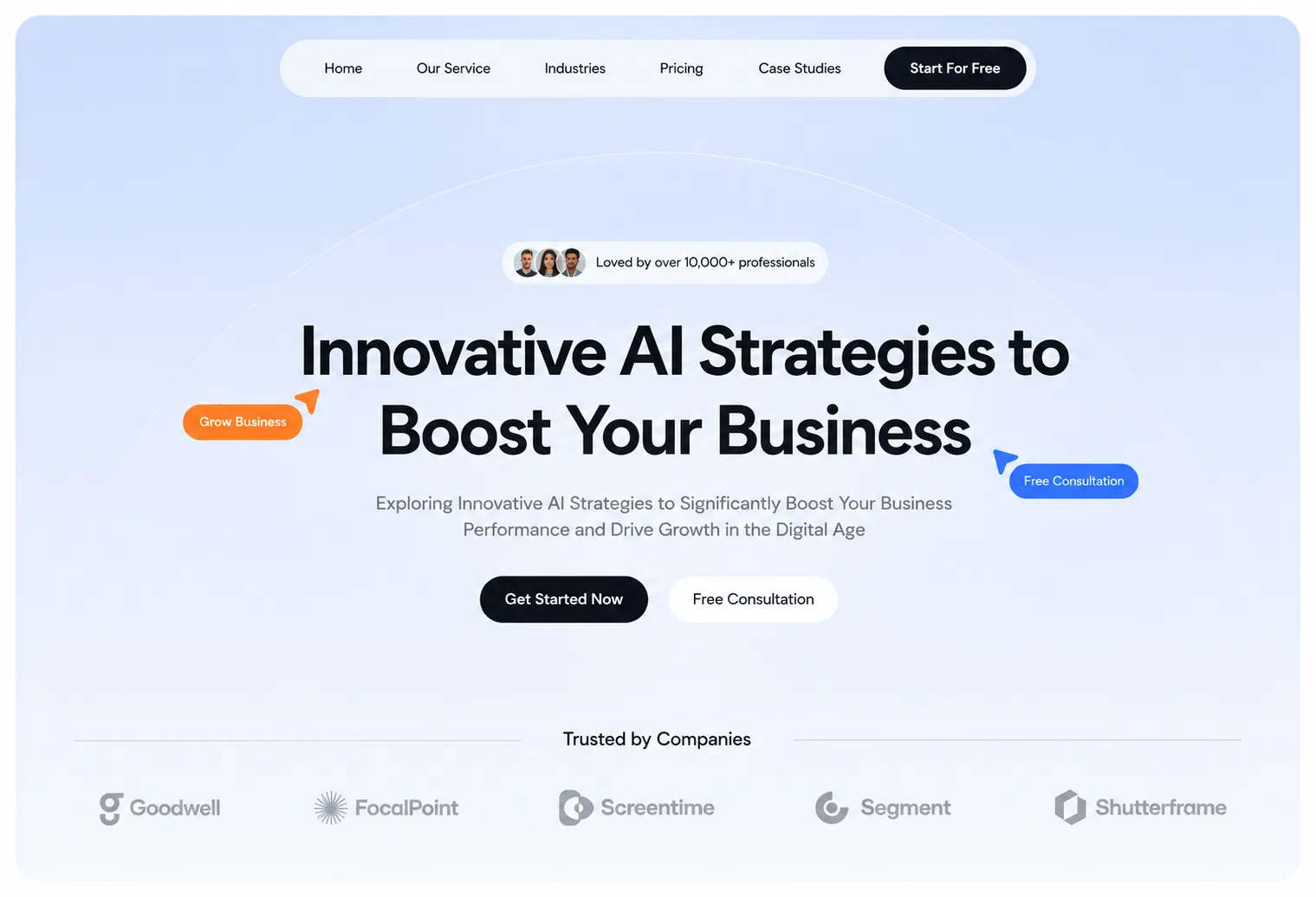 The platform's landing screen, headlined “Innovative AI Strategies to Boost Your Business”
