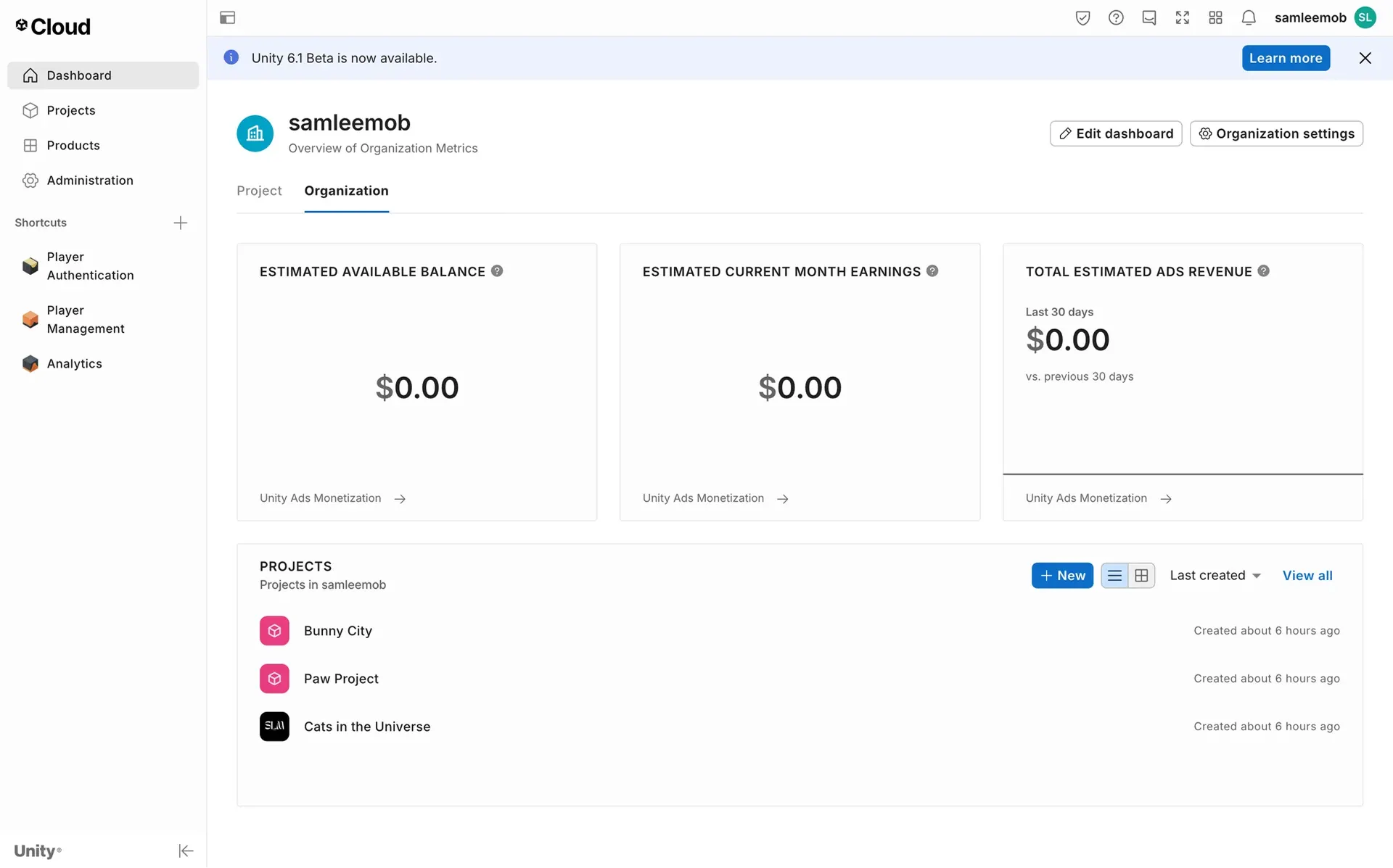 A cloud console showing organisation revenue metrics above a list of projects
