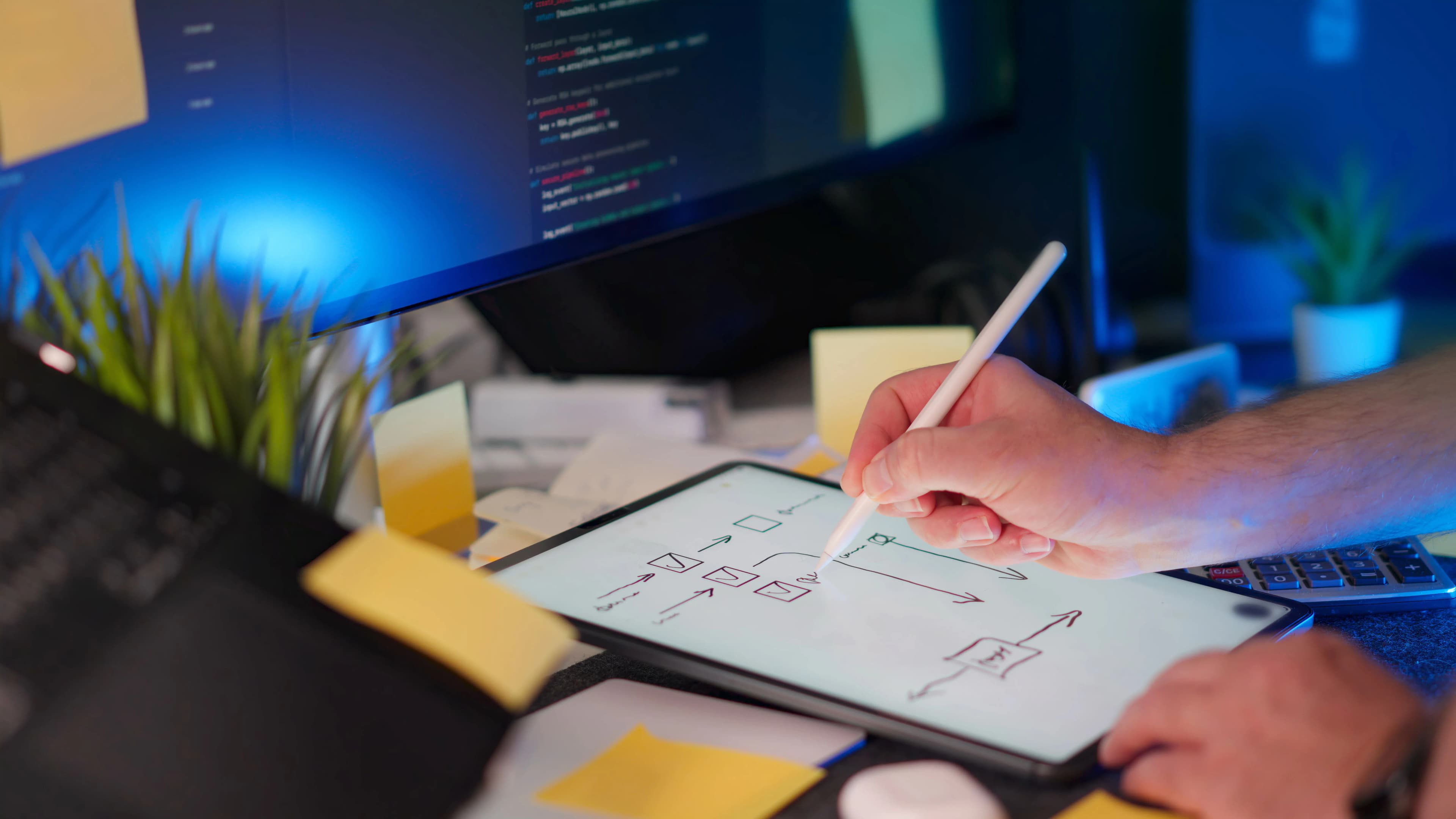 A hand sketching a flow diagram on a tablet, a monitor of code behind it