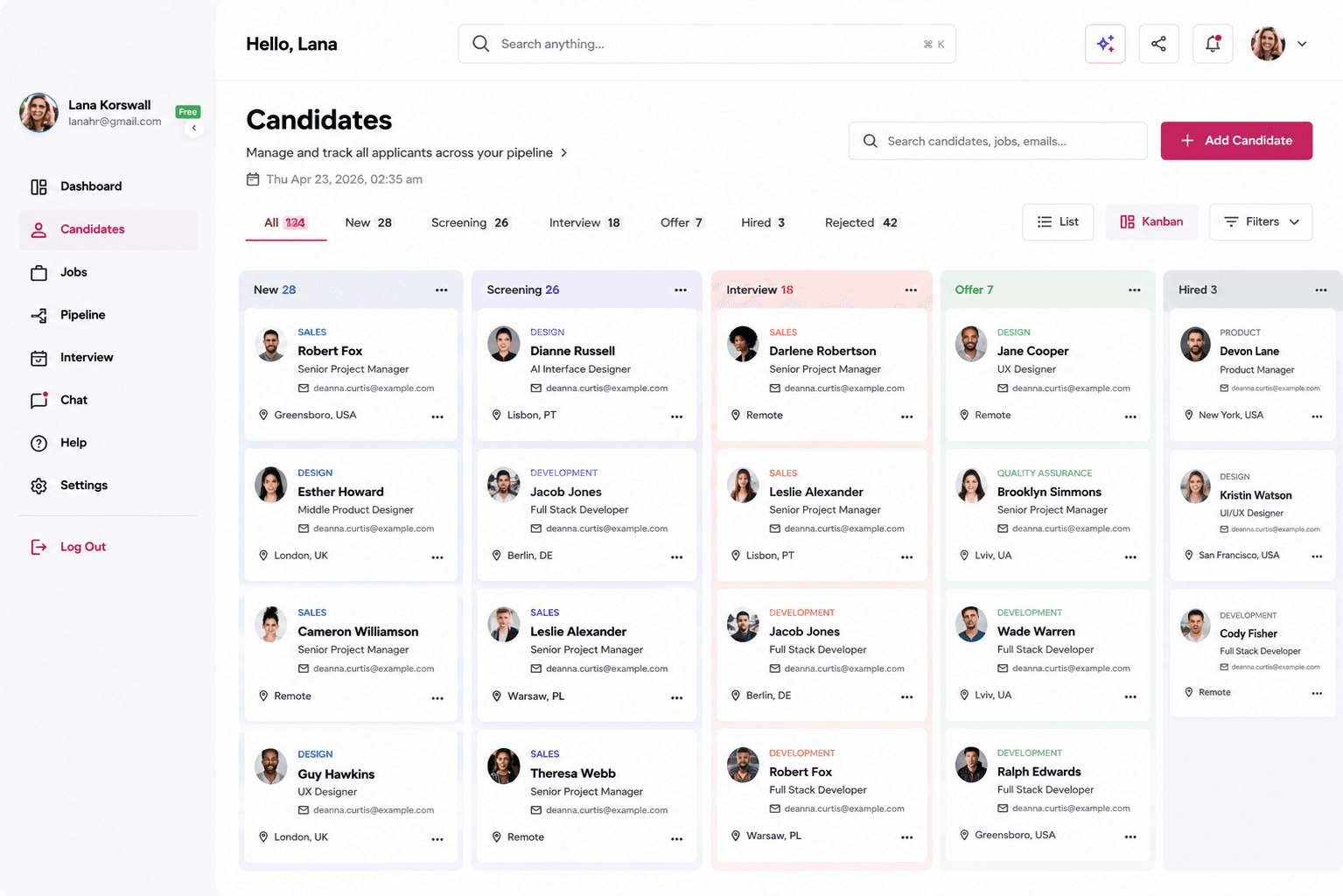 A candidate pipeline board, applicants tracked in columns from New through to Hired