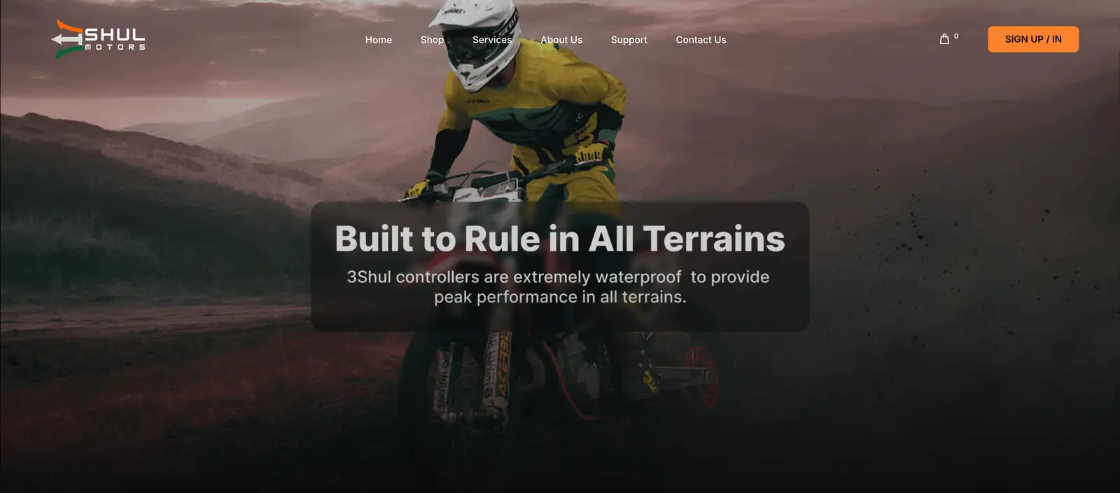 The 3Shul Rotors home page: a rider crossing rough ground under the line “Built to Rule in All Terrains”