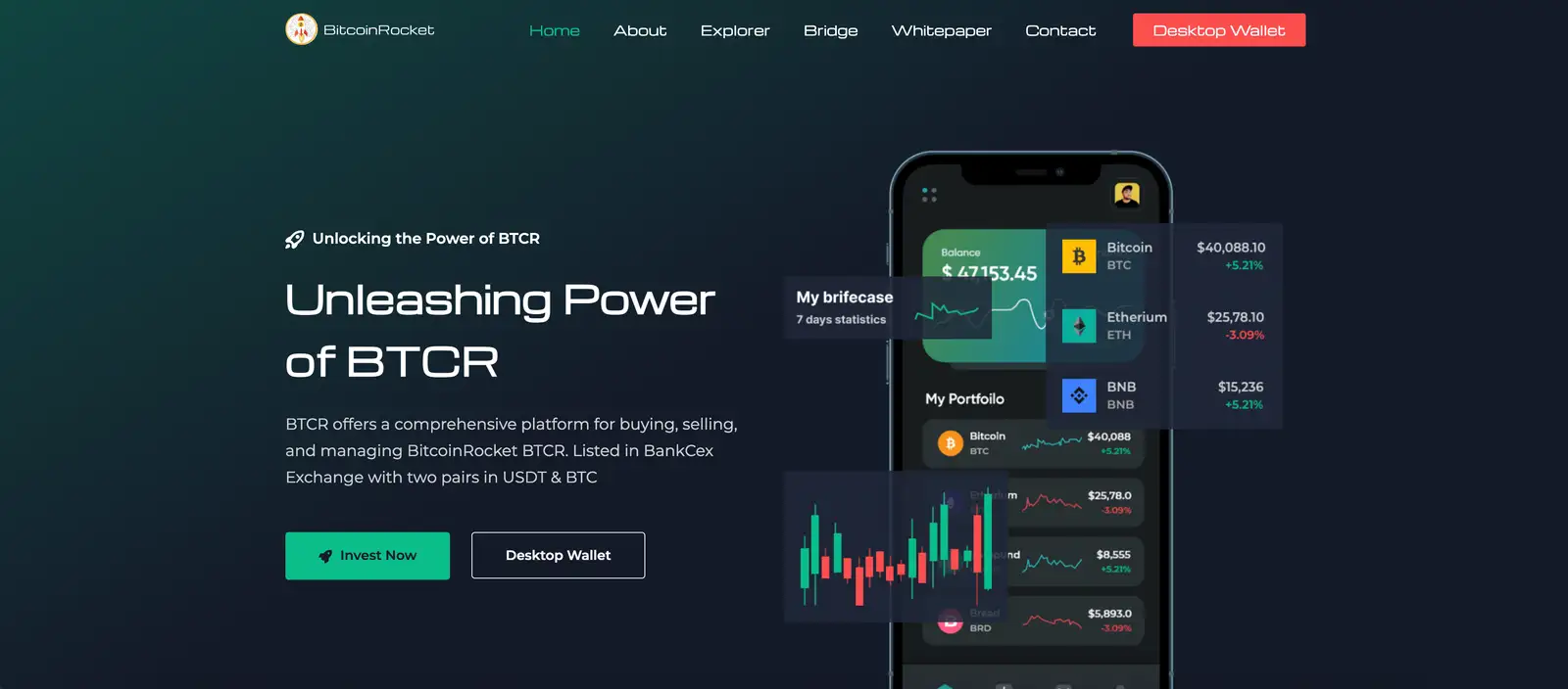 The BitcoinRocket home page, headlined “Unleashing Power of BTCR”, a phone beside it showing a portfolio of balances