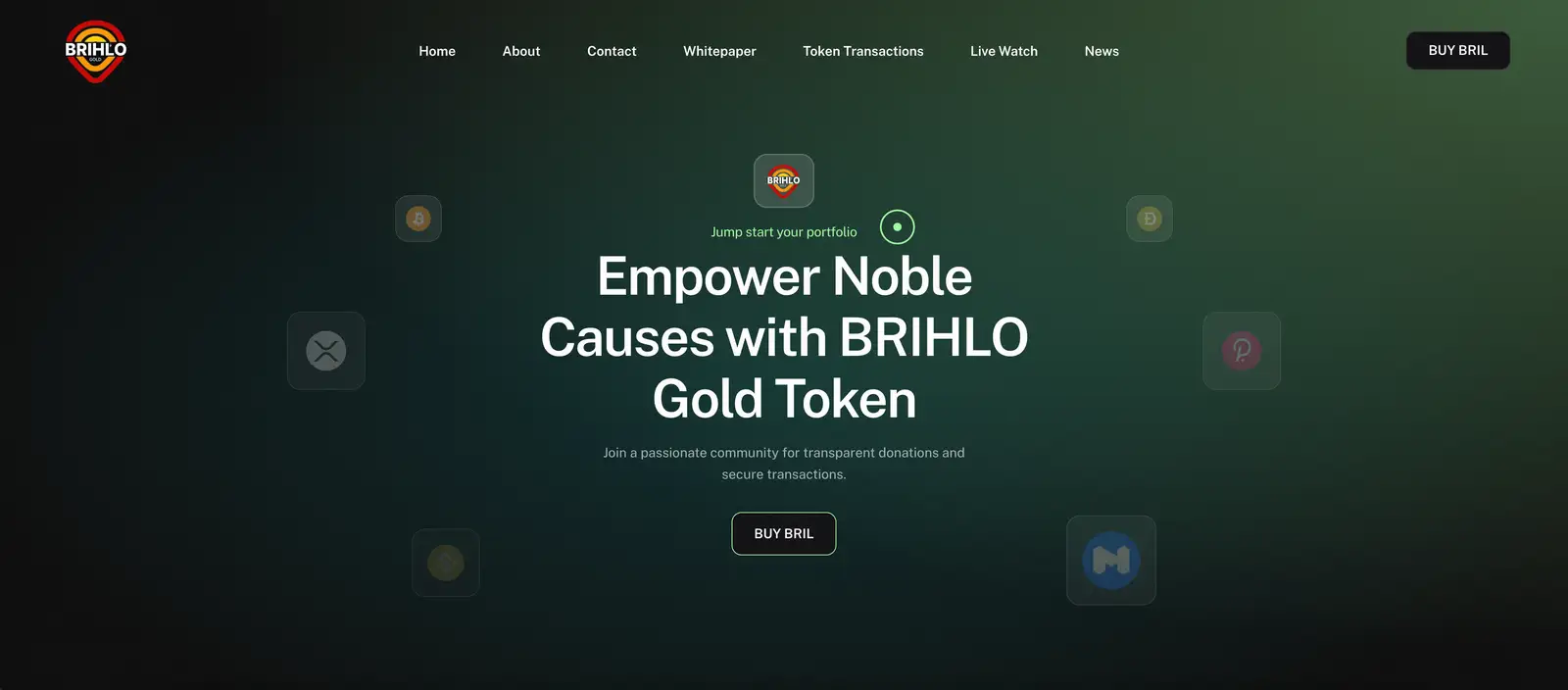 The Brihlo home page, headlined “Empower Noble Causes with BRIHLO Gold Token”, over a dark field of coin marks
