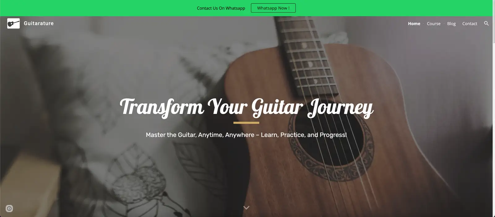 The Guitarature home page: an acoustic guitar behind the line “Transform Your Guitar Journey”
