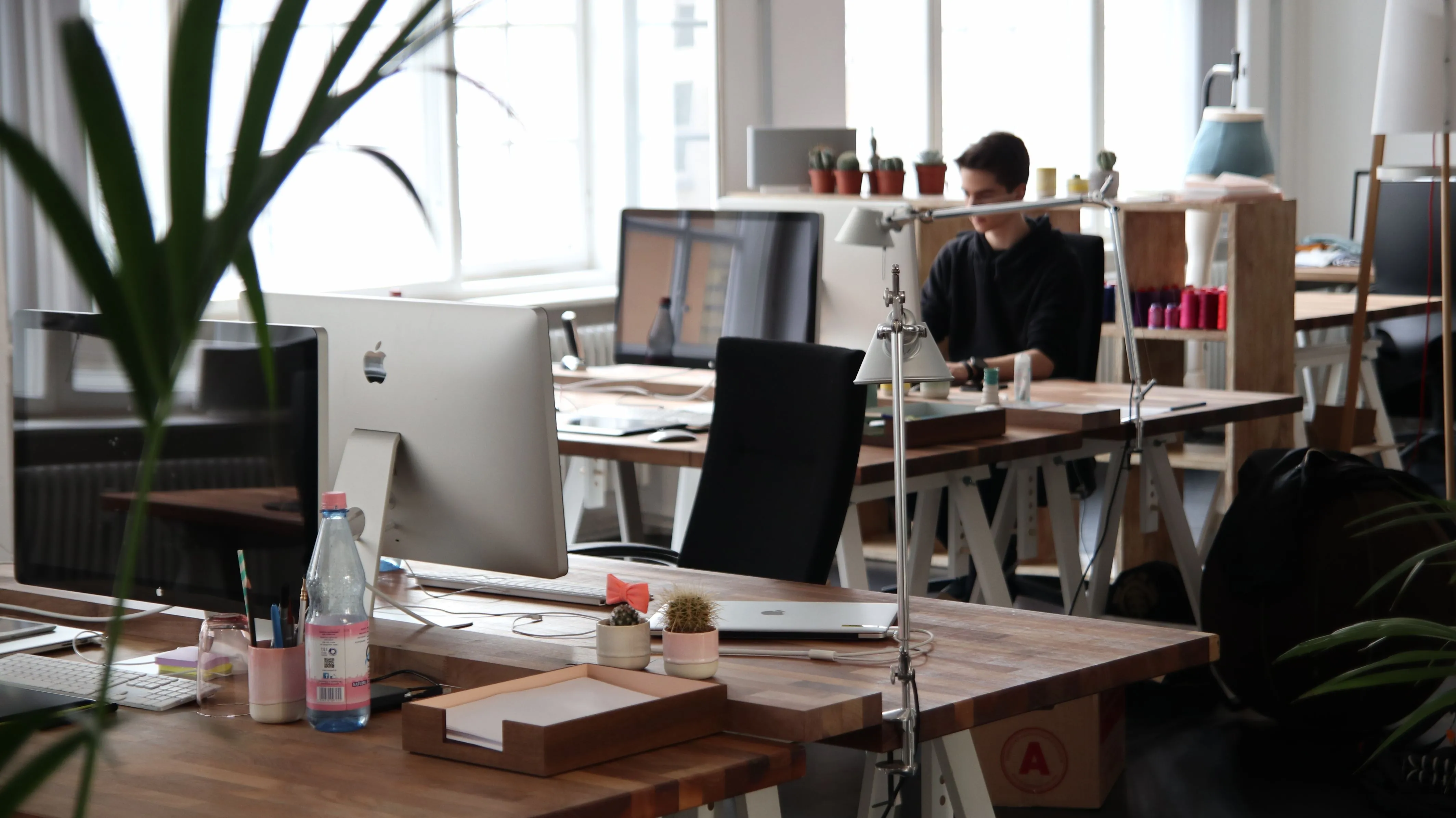 An open-plan studio: wooden desks with iMacs and plants along a wall of windows, someone working at the far end