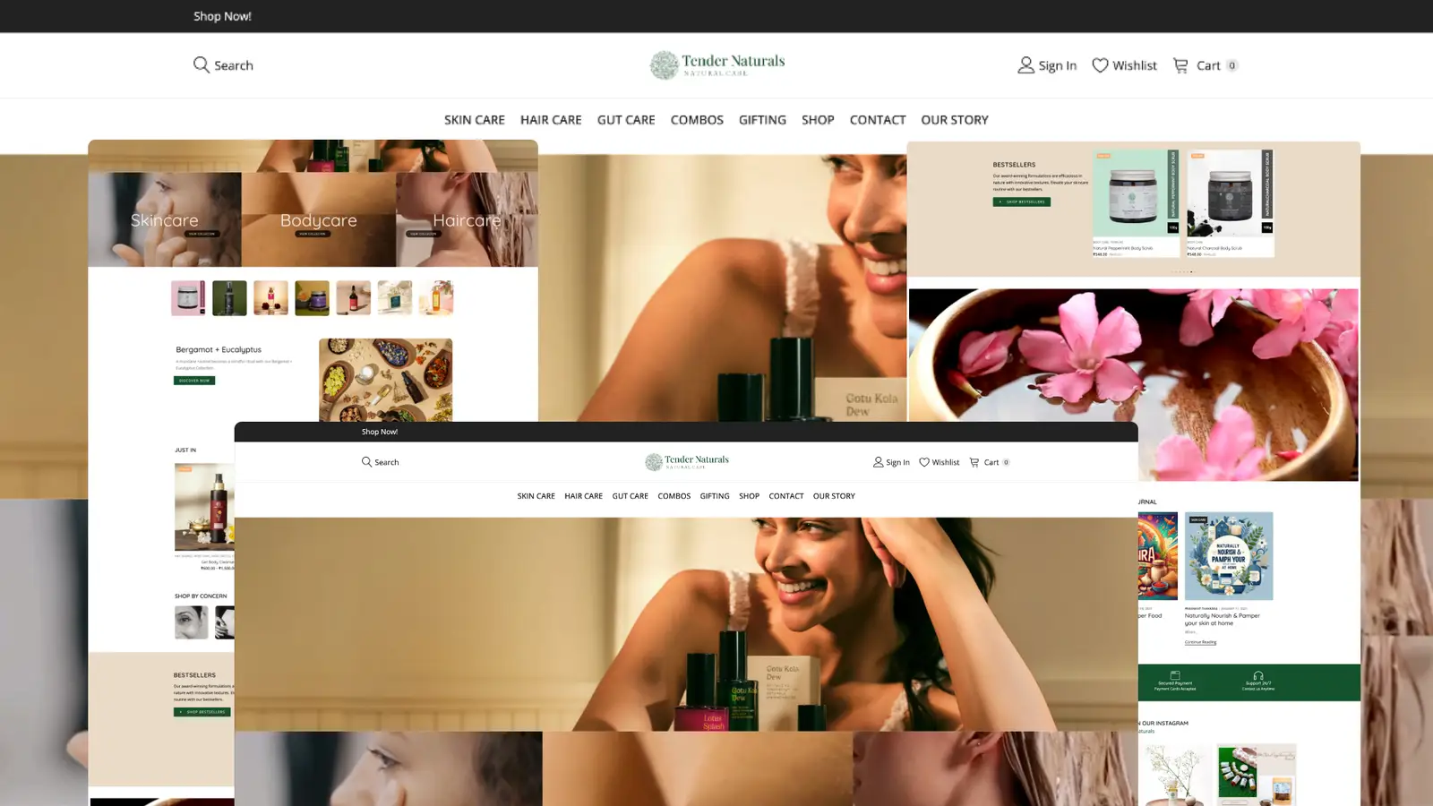 The Tender Naturals storefront, its skincare category and product pages layered over the brand's photography